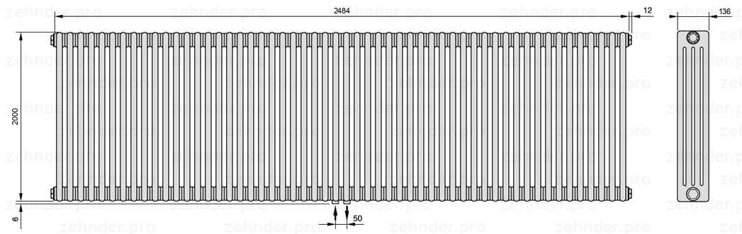 Схема (чертеж) Радиатор Zehnder Charleston 4200/54 №3470 Белый глянцевый RAL 9016
